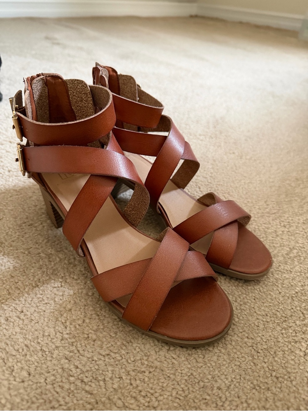 Material Girl Cognac Brown Strappy Block Heel Sandals